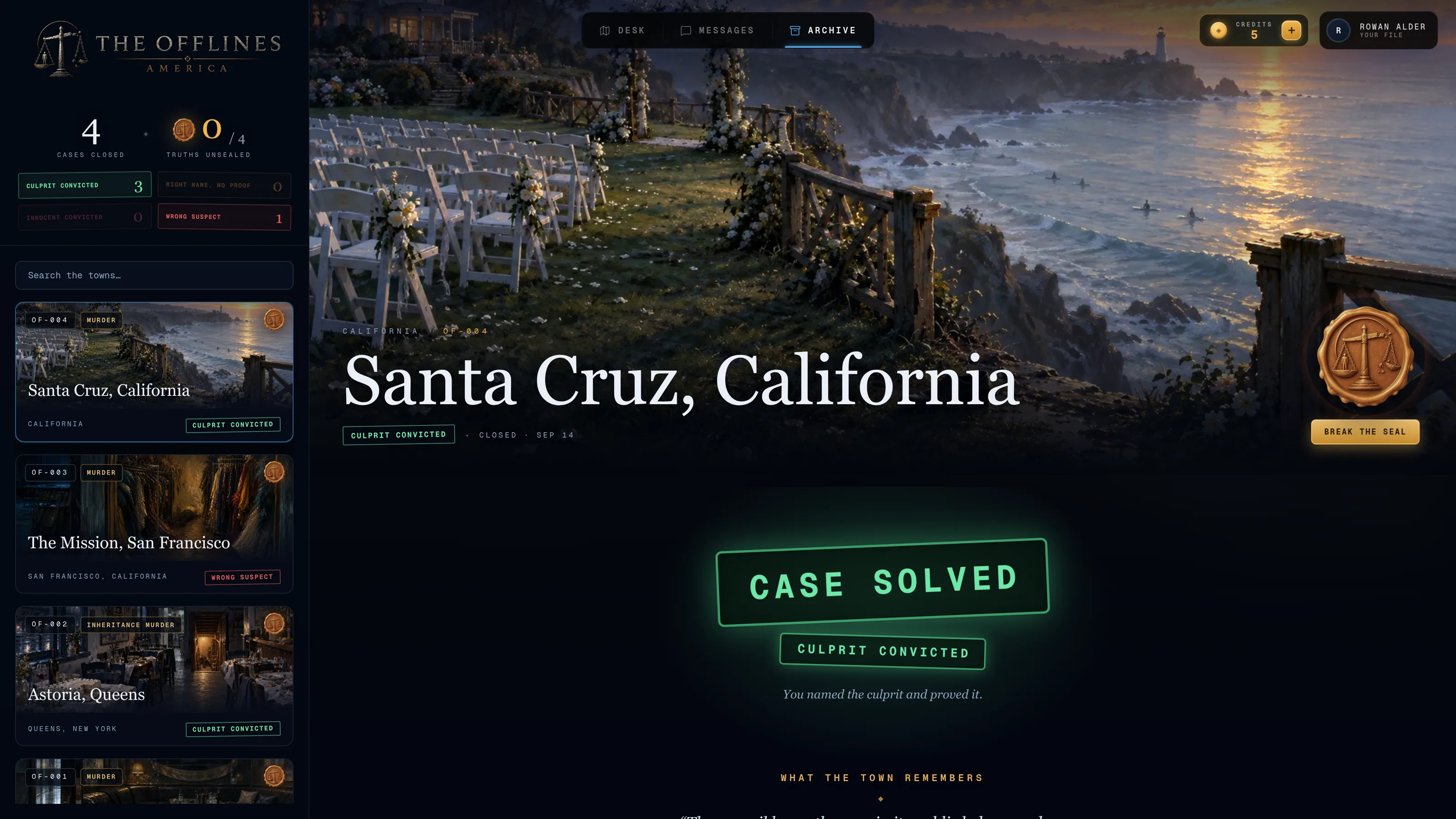 The Santa Cruz case in the archive, stamped Case solved, with the seal on the case file still unbroken.