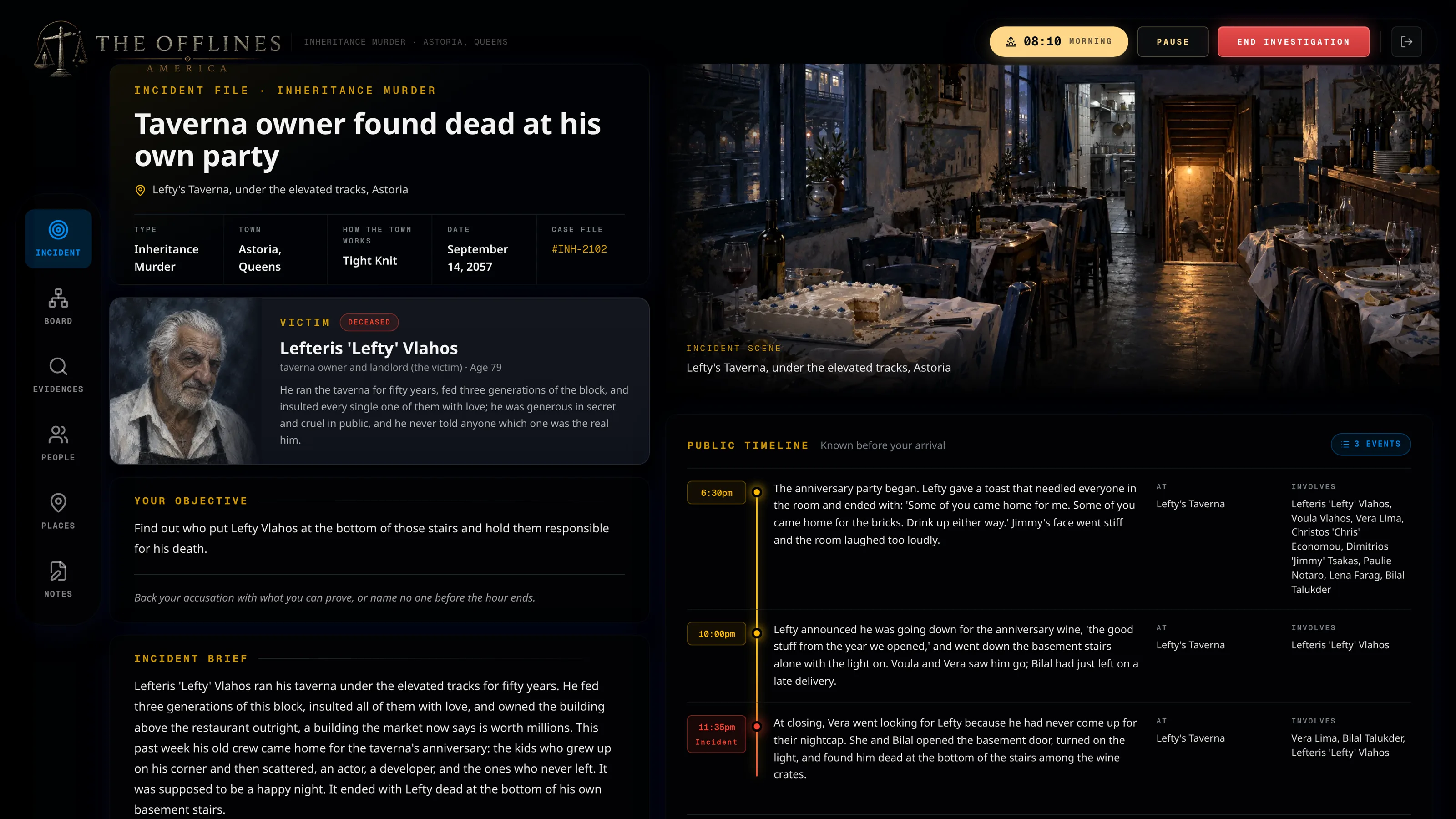 The Astoria incident file: a taverna owner found dead at his own party.