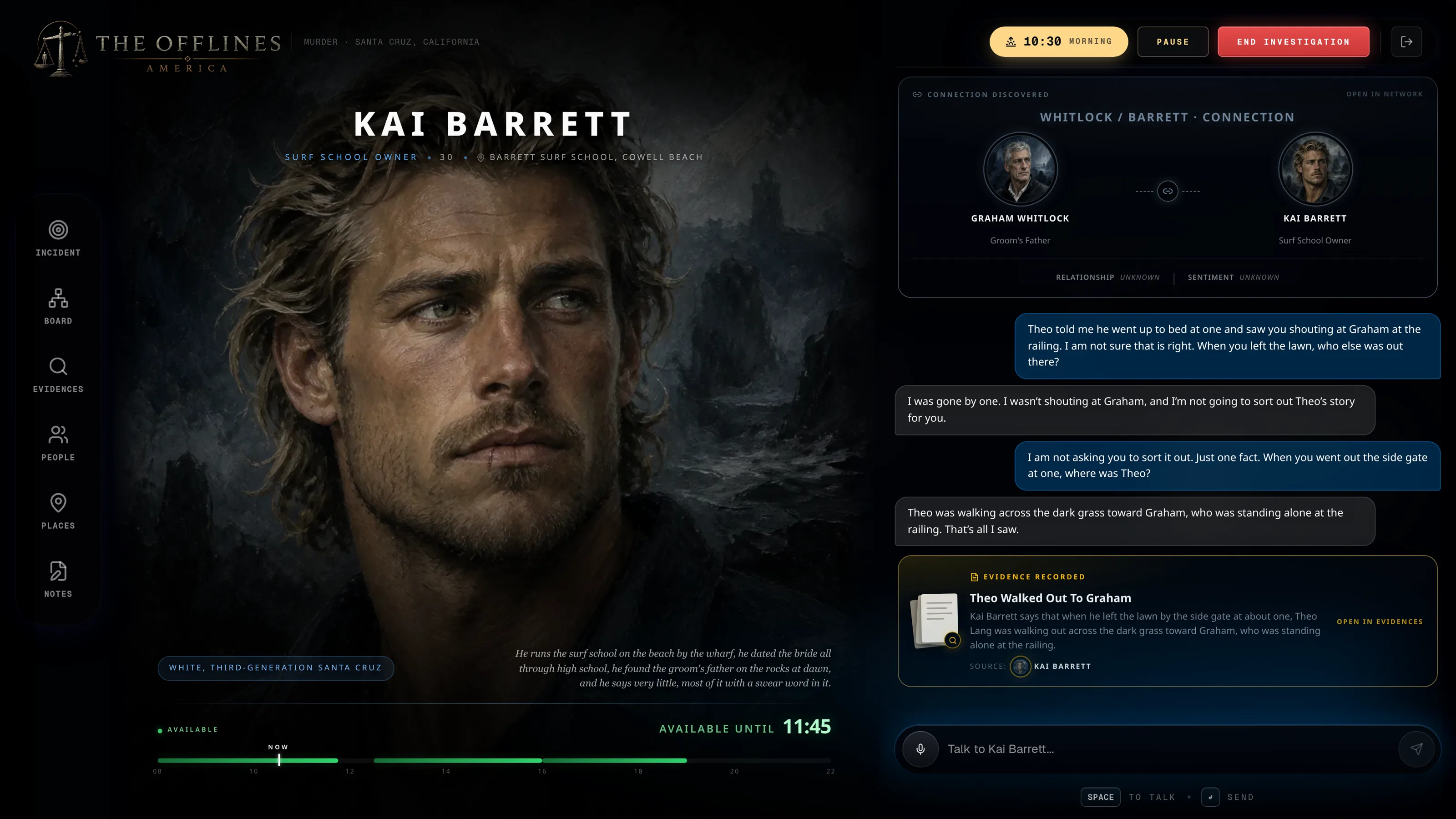 Kai Barrett, the surfer who found the body, saying he saw Theo Lang walking toward Graham at the railing.
