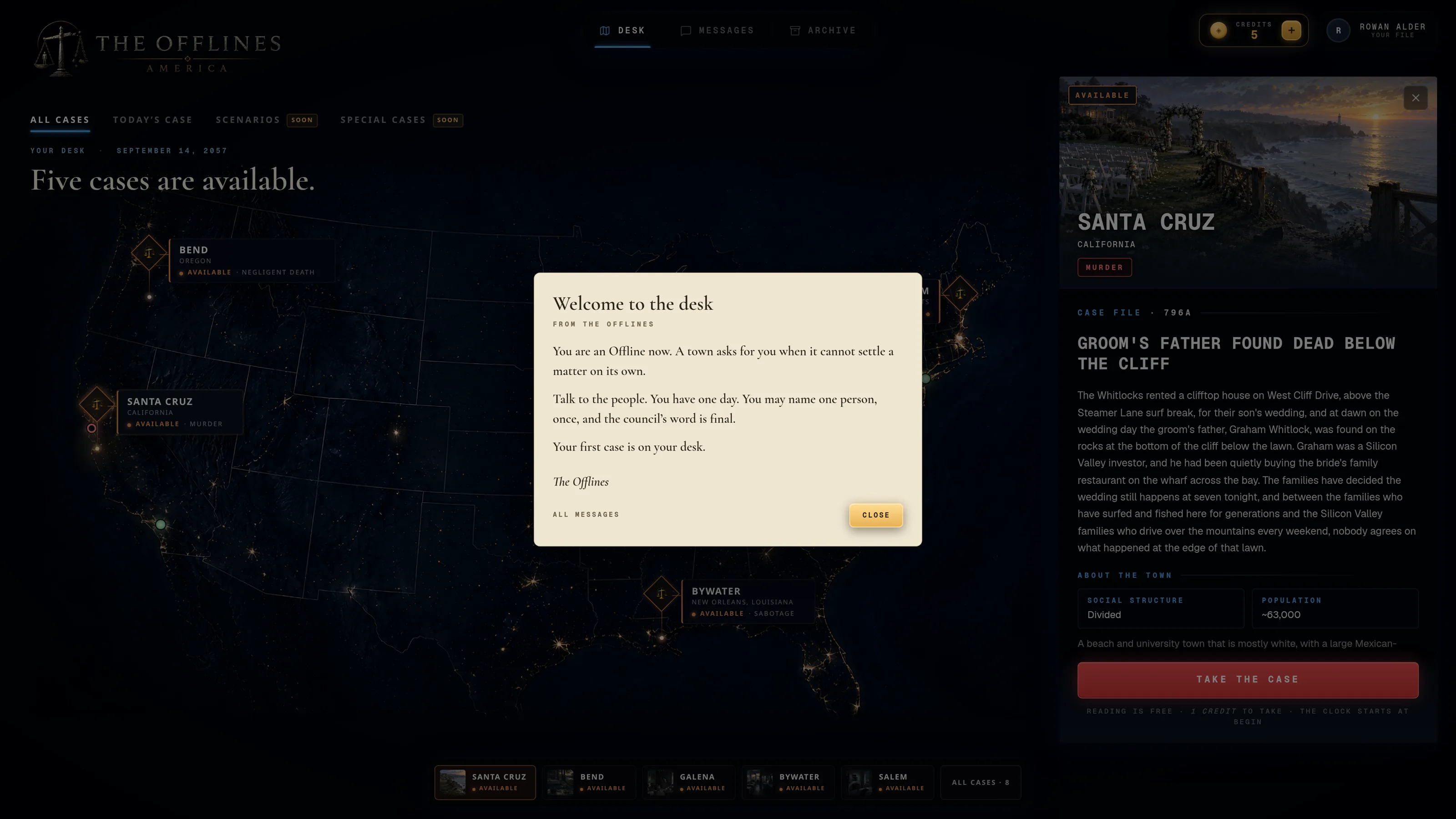 A welcome letter open on the desk, over the map and the Santa Cruz case card.