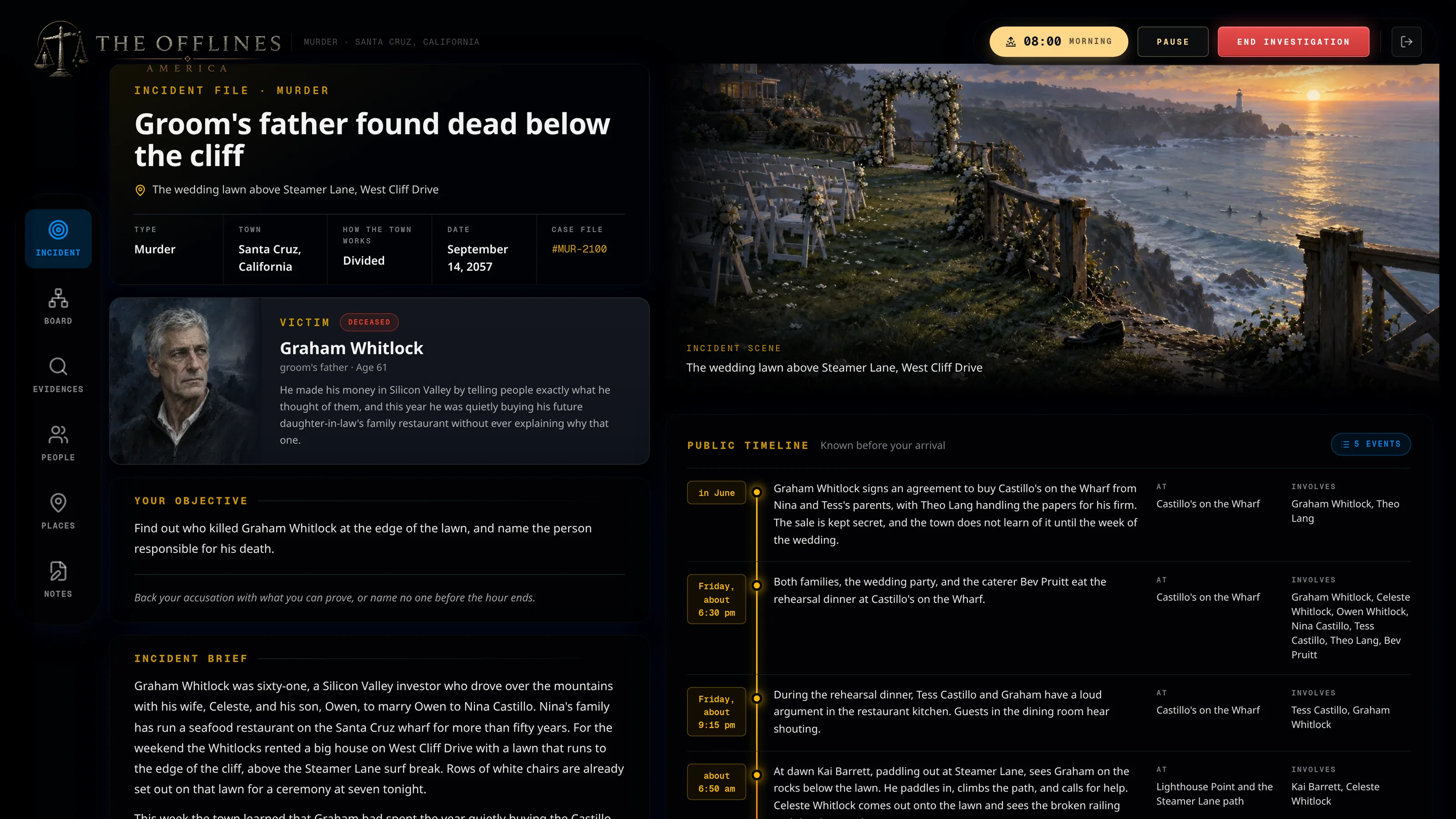The incident file: who died, the timeline the town knows, and a picture of the clifftop wedding lawn at dawn.