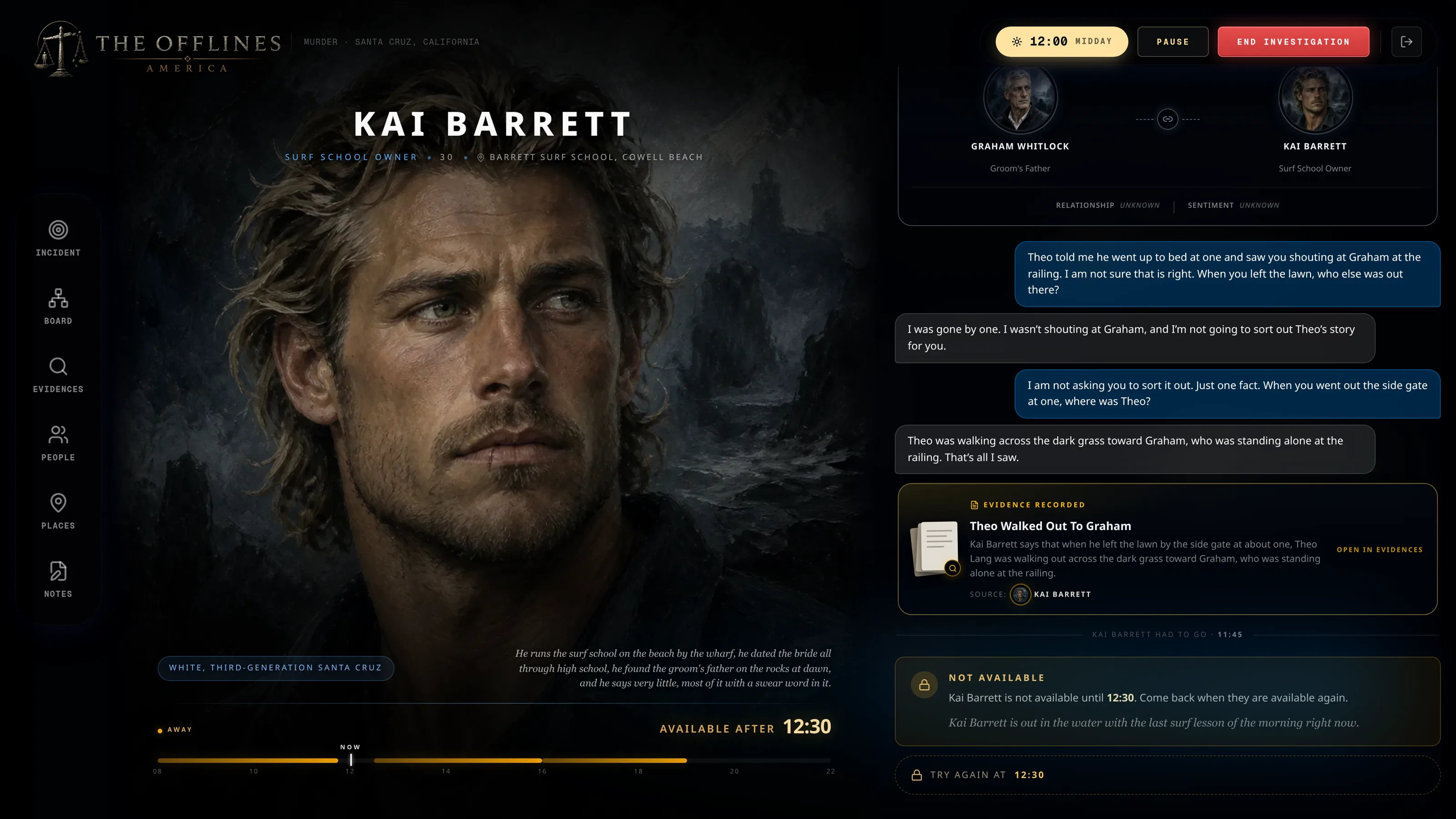 Kai Barrett's chat at noon: he is away until 12:30, shown on his day strip.