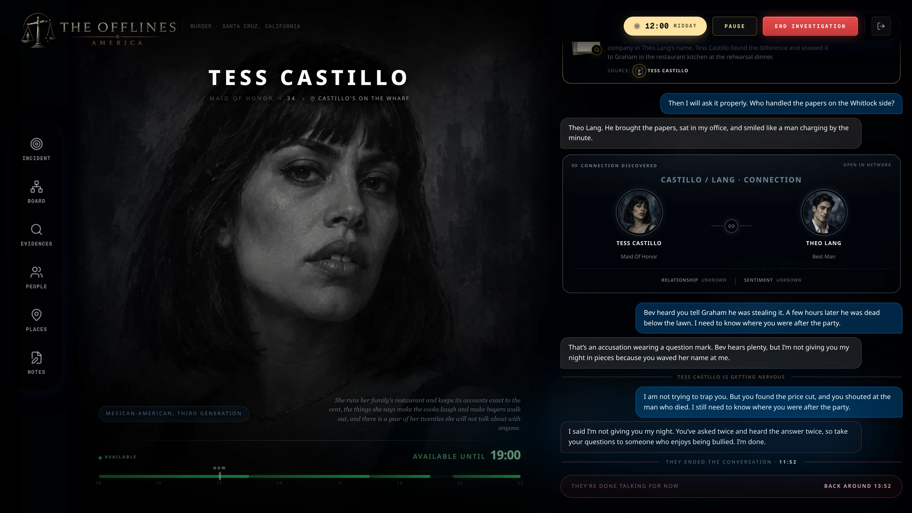 Tess Castillo after she ends the conversation: her portrait turns gray and she will not talk until 13:52.